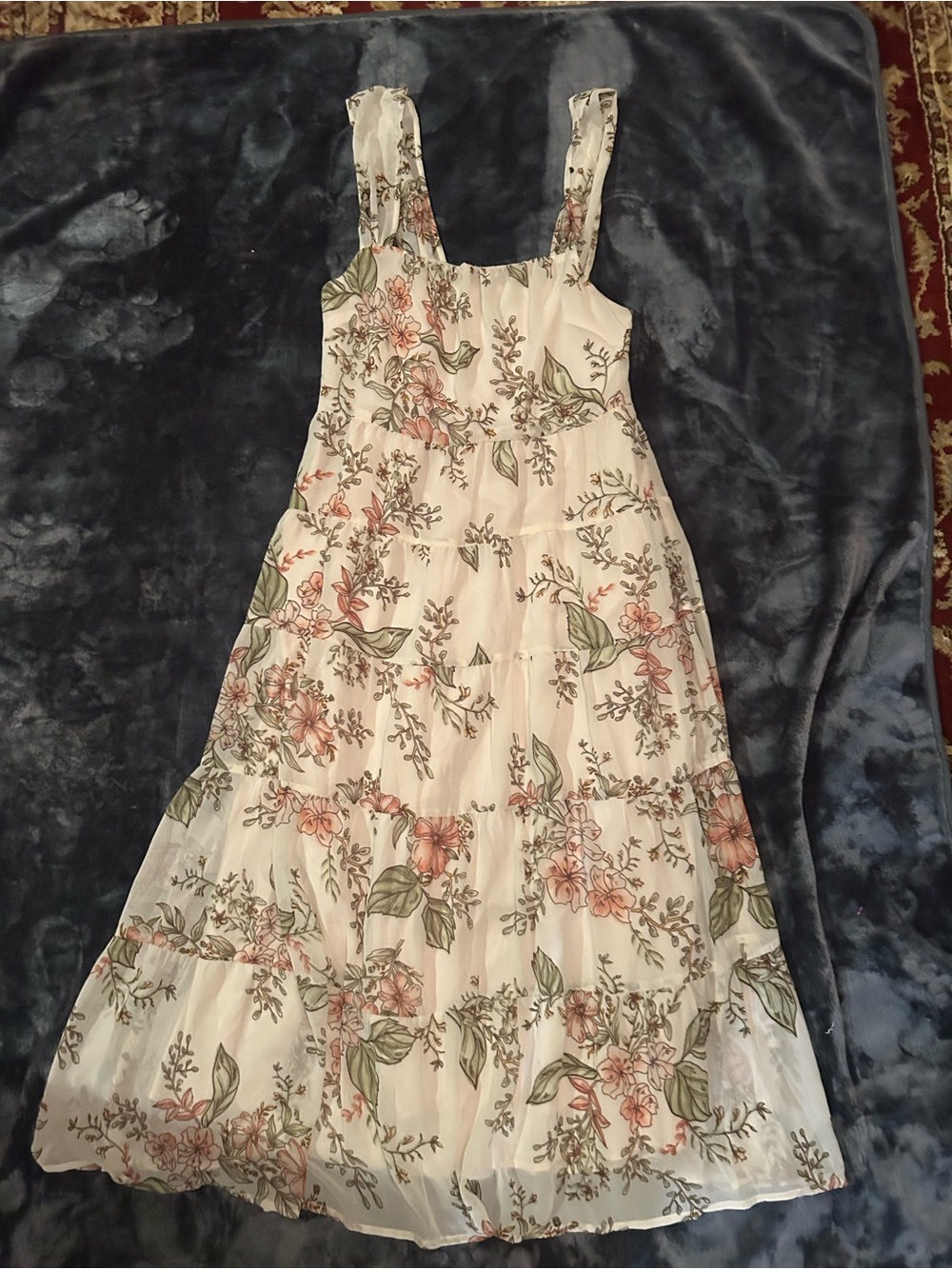 Forever 21 Cream Maxi Dress with Pink Floral & Green Leaves